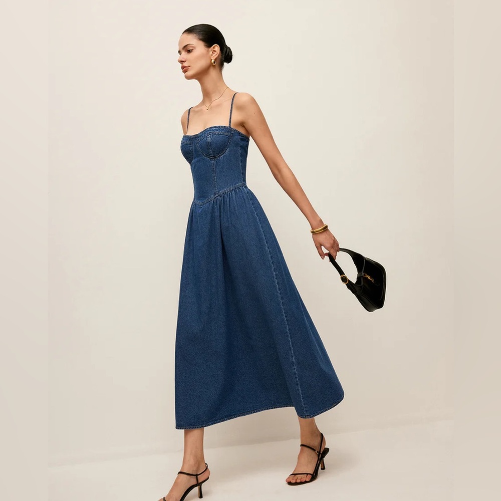 Commense Sweetheart Collar Denim Dress